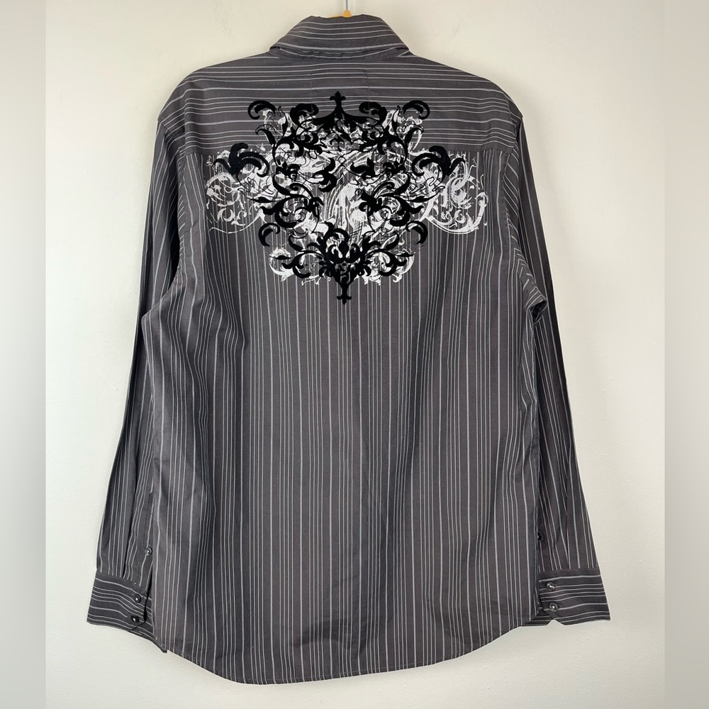 Structure Premium Y2K Grunge Gray Stripe Button Up Shirt XL Graphic Logo